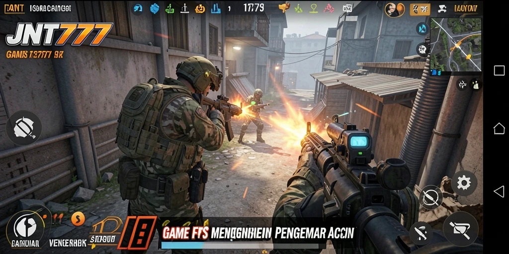 Tangkapan layar utama JNT777 menunjukkan aksi seru dalam mode FPS.
